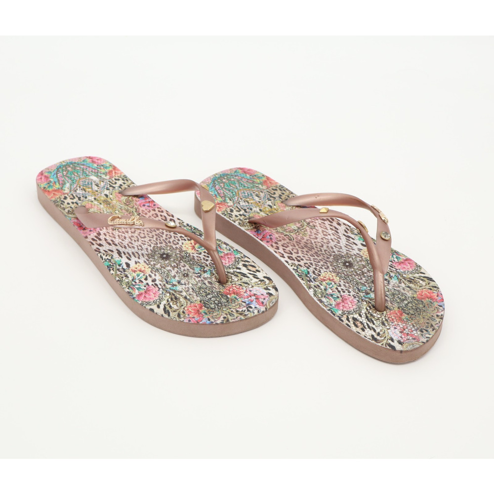 Camilla Floral Leopard Print Flip Flop Sandals with Rose Gold Straps